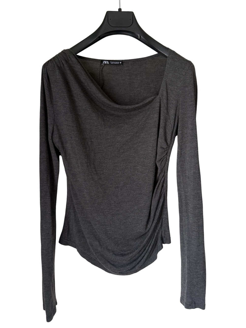 Zara Charcoal Asymmetric Draped Long Sleeve Top